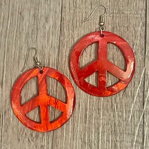 Vintage Hand Made Red Shell Peace Symbol Costume Dangle Earrings
